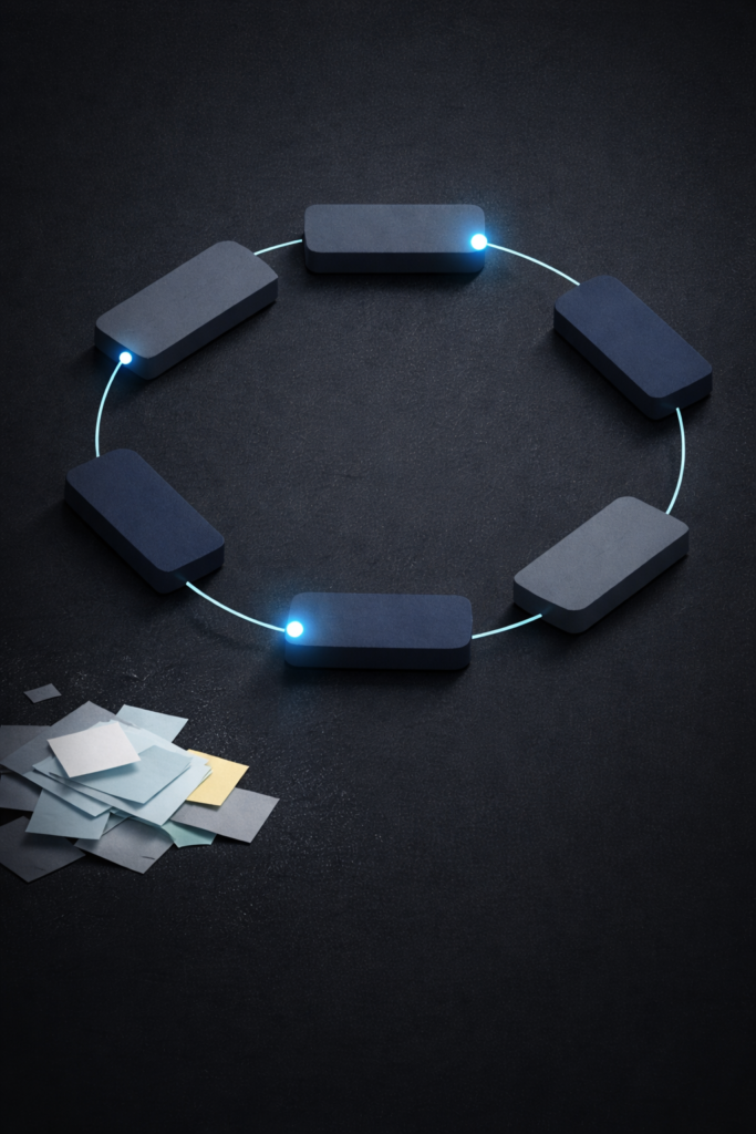 Ilustración minimal de un bucle circular con bloques oscuros conectados por una línea azul y puntos de señal; papeles desordenados en la esquina inferior representando Automatización de procesos empresariales