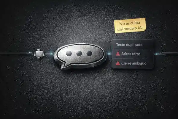ia-buena-peo-chatbot-barato Burbuja de chat metálica sobre fondo oscuro con alertas de texto duplicado, saltos raros y cierre ambiguo: señales de falta de fiabilidad en un chatbot.