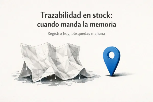 Trazabilidad en stock: cuando manda la memoria Trazabilidad en stock: tabla de papel doblada como mapa y un pin de ubicación firme, representando un control de stock dudoso.
