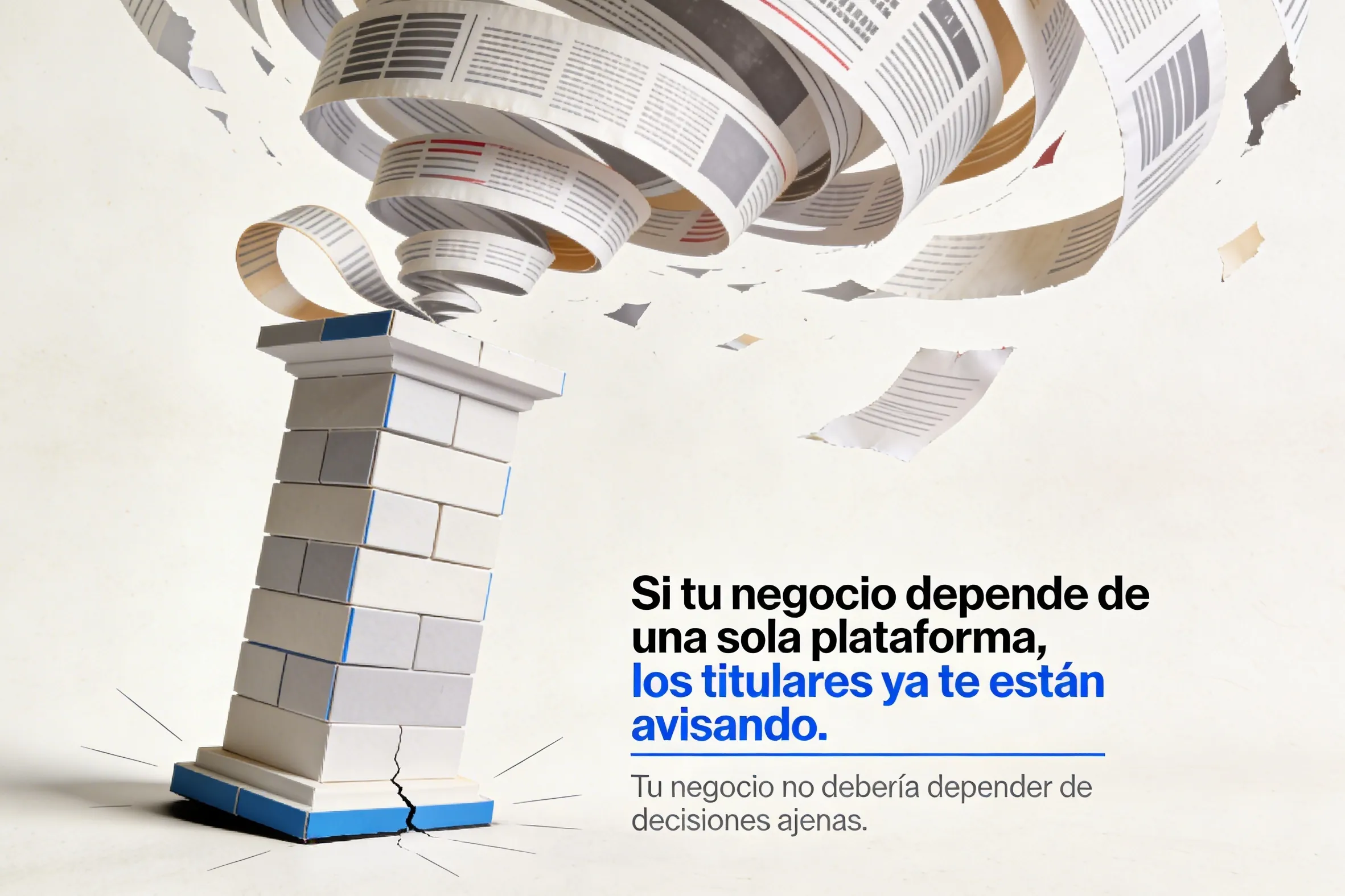 Dependencia de plataformas: aviso invisible Ilustración editorial de una plataforma frágil rodeada de titulares, sobre dependencia de plataformas en una operación digital.